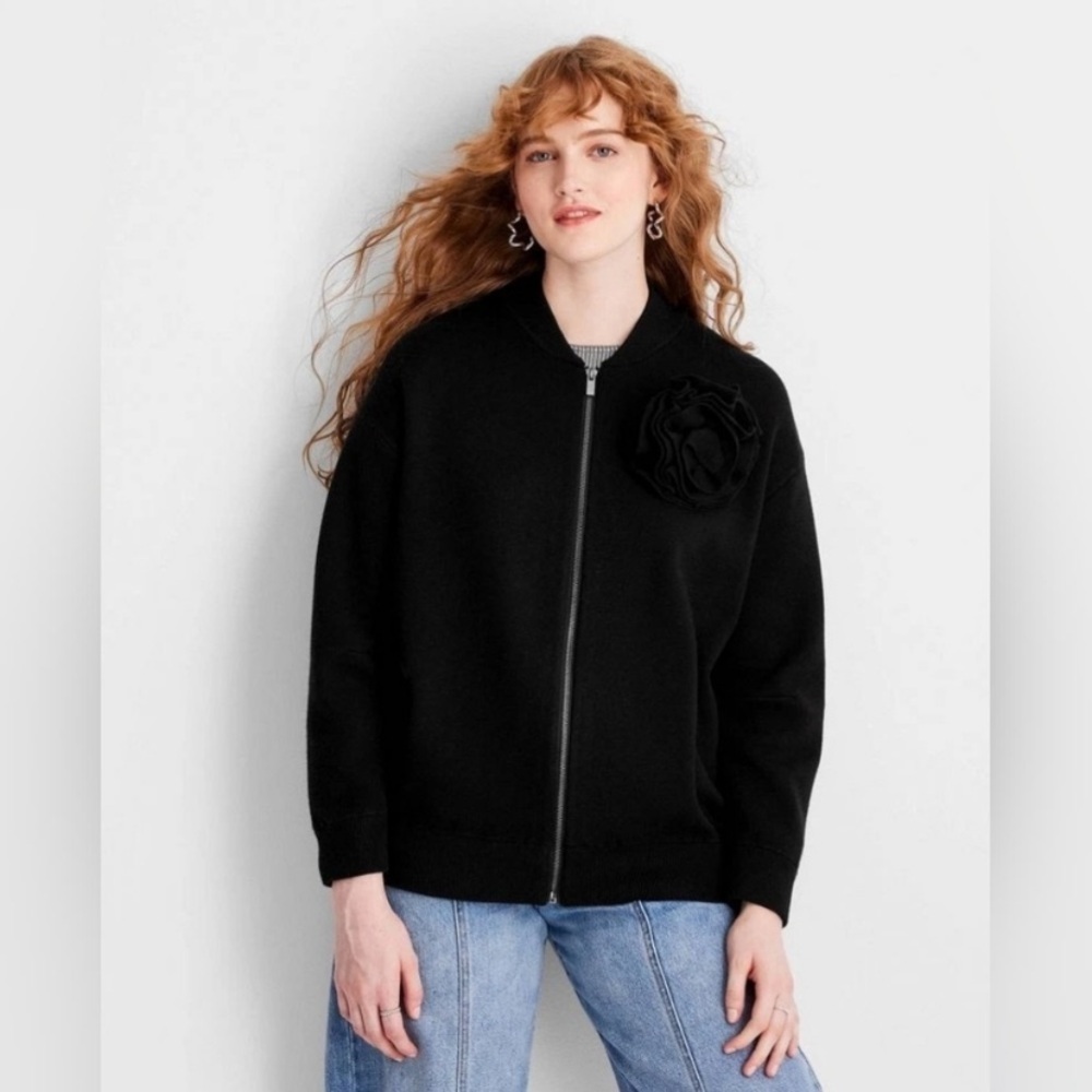 Women's Rosette Sweater Bomber Jacket - Future Collective Black new oversized